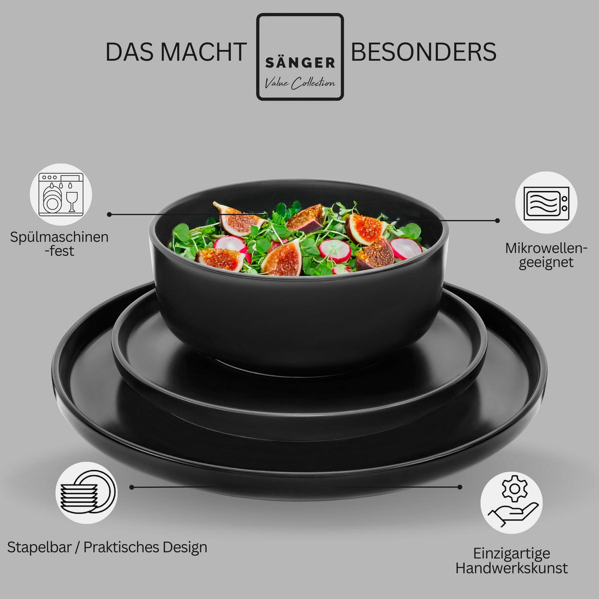 KOMBISERVICE MADEIRA - 24 teilig aus Steingut - Schwarz, Keramik (27/9.5/27cm) - Sänger