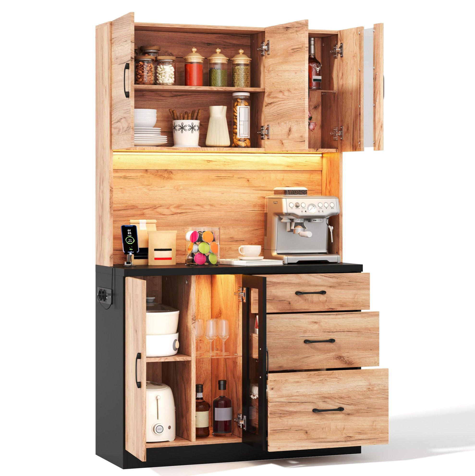 BUFFETSCHRANK 105/40/180 cm mit LED-Beleuchtung, Steckdose, verstellbaren Einlegeböden aus MDF, Neutral - Naturfarben, Holzwerkstoff (105/180/40cm) - Redom