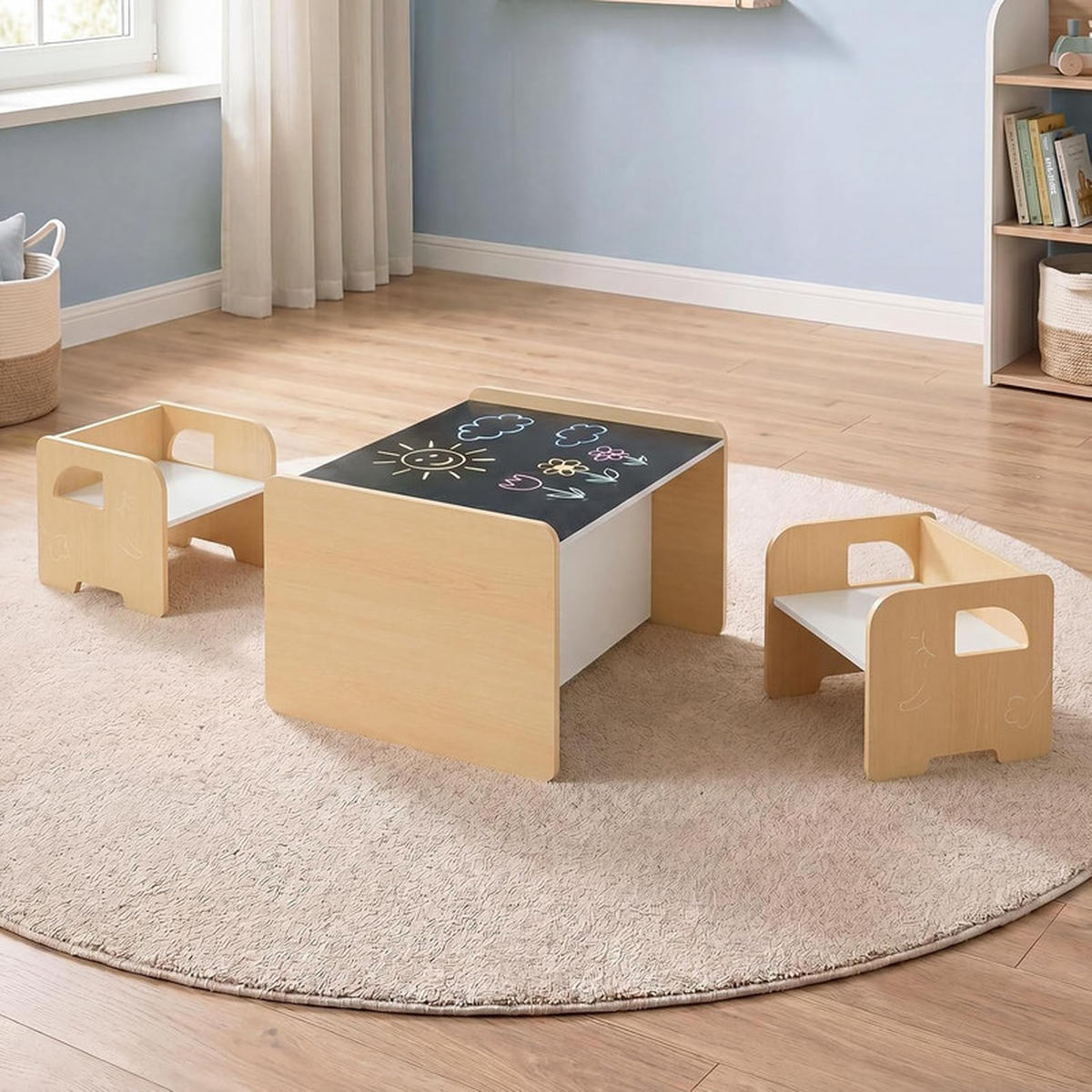 KINDERTISCH mit Stuhl natur(3-tlg) - Naturfarben, Holzwerkstoff (62.5/40/48cm) - COSTWAY