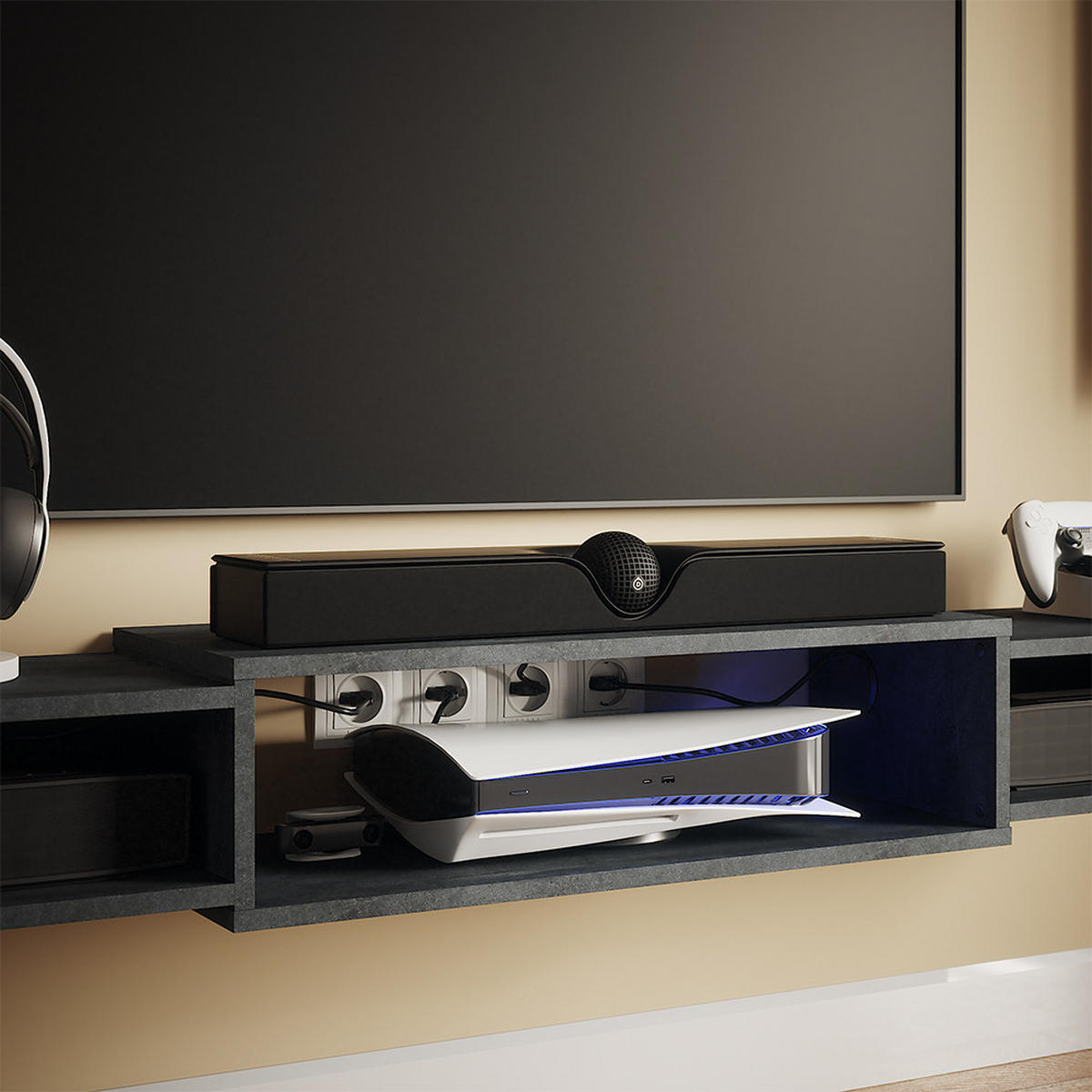 TV-SCHRANK Nordic Schwarz Beton 139.7 x 20.3 cm mit offenen Regalen - Schwarz, Holzwerkstoff (139.7/20.3/29cm) - Vicco
