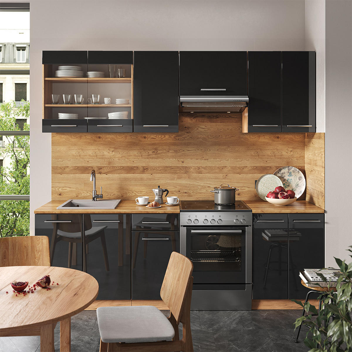 KÜCHENZEILE Fame-Line Anthrazit Hochglanz/Goldkraft Eiche 240 cm AP Marmor - Anthrazit/Eiche Wotan, Holzwerkstoff (240/81.6/60cm) - Vicco
