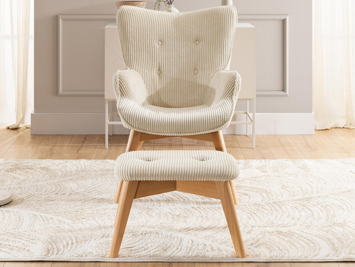 LOUNGESESSEL mit Fußhocker Lenari Beige Cordstoff mit Füßen in Natur - Beige/Naturfarben, Holz/Textil (71/96/86cm) - S-Style Möbel