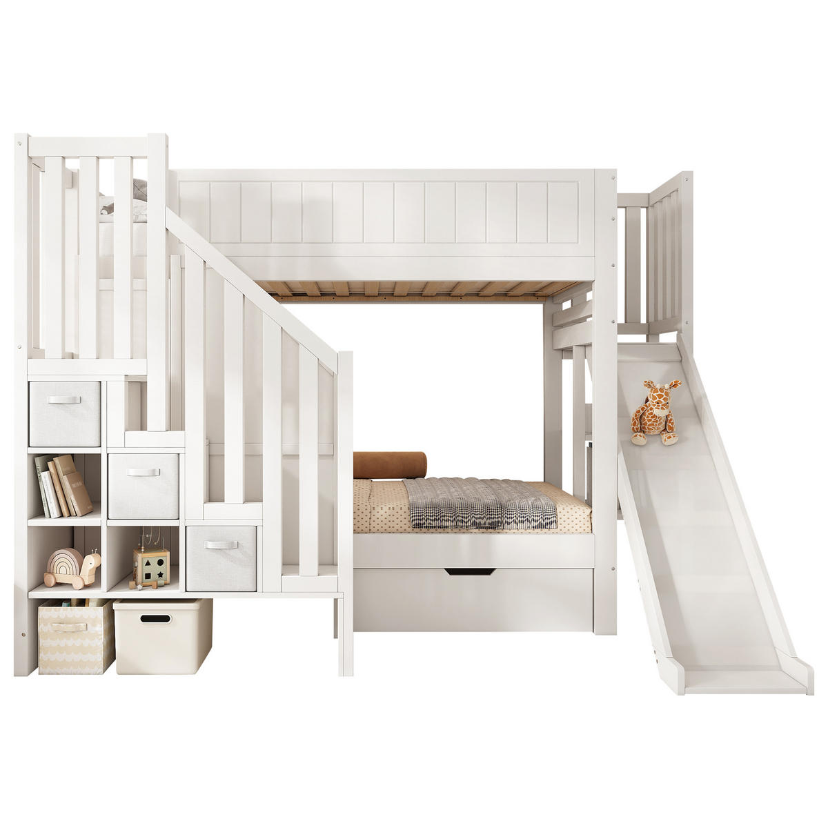 ETAGENBETT 90/200 cm mit Rutsche, Leiterschrank, Regalen und Schubladen, Weiß - Weiß, Holzwerkstoff (90/200cm) - Redom