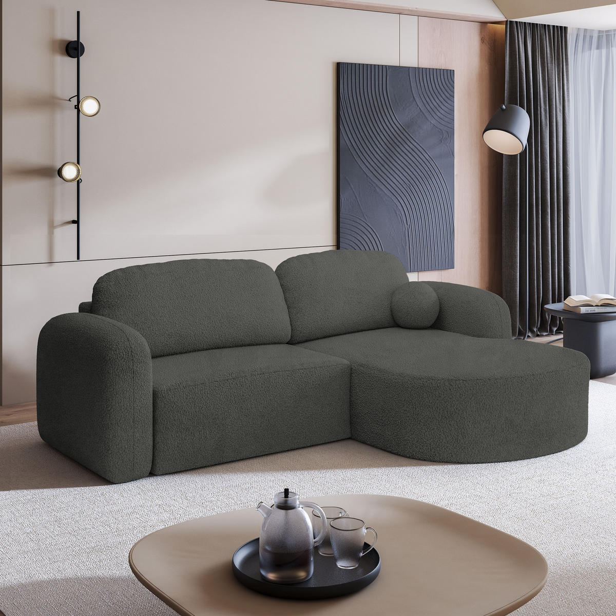 ECKSOFA AMILIA R-S Grau Boucle-Stoff mit Schlaffunktion - Grau, Holz (263/174cm) - MASSENO