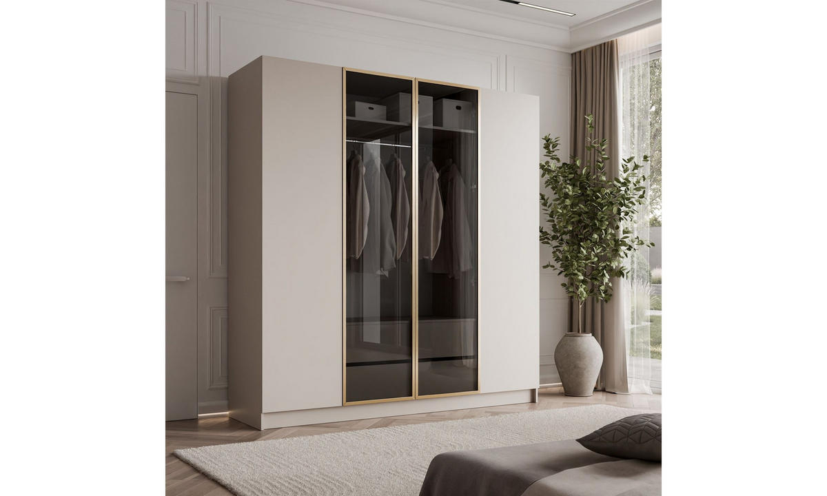 KLEIDERSCHRANK ATRIUM GOLD 200/57/210 cm Push-to-Open mit LED-Beleuchtung - Kaschmir, Holzwerkstoff (200/210/57cm) - Lookway