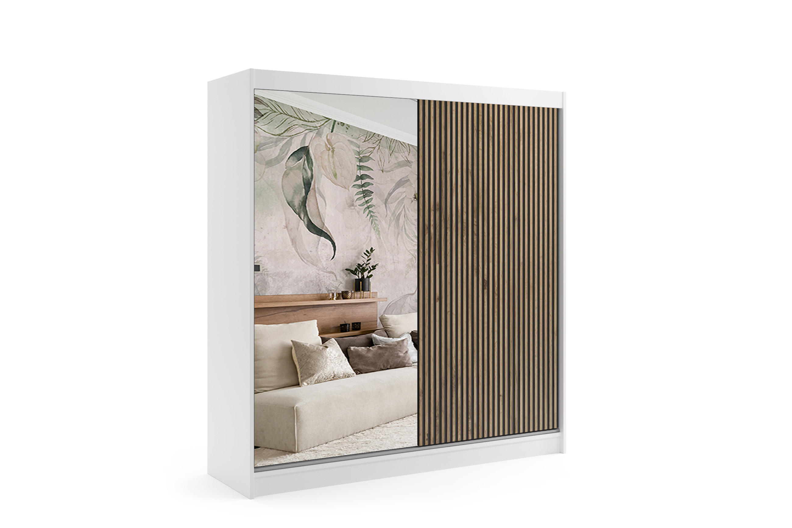 KLEIDERSCHRANK VILAN mit Spiegel - 200 cm - Weiß|Eiche Wotan - Eiche Wotan/Weiß, Holzwerkstoff (200/215/61cm) - ALTDECOR