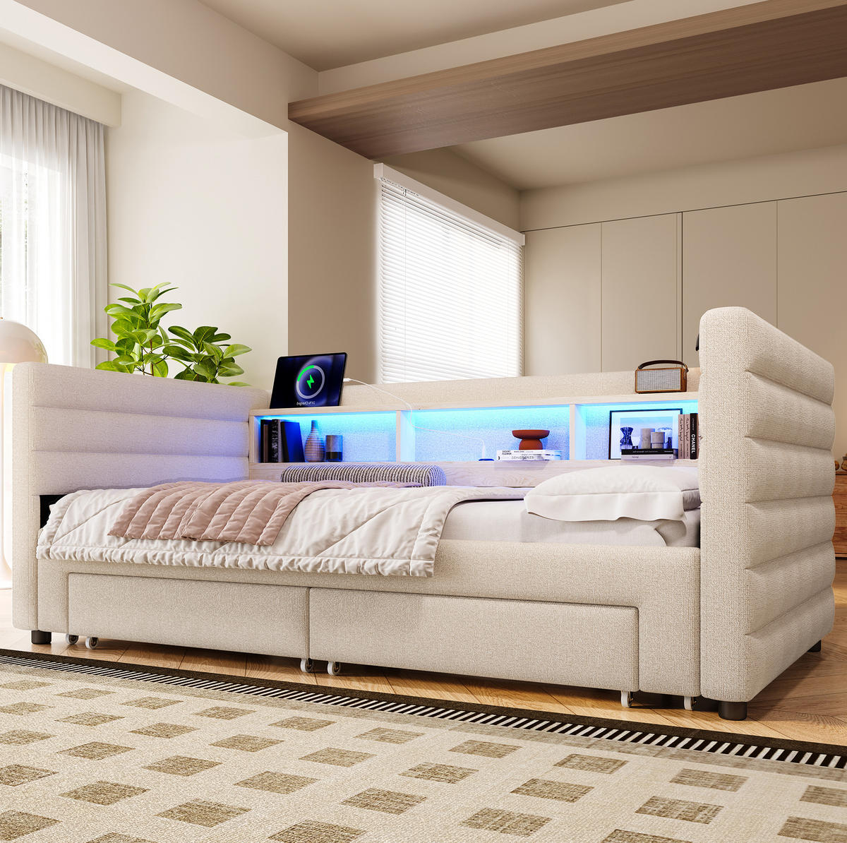 ROZKLADACIA posteľ z zamatu 90x190 cm béžová s LED osvetlením, USB a Typ-C portmi, úložným priestorom - béžová, textil (90/190cm) - Modfu