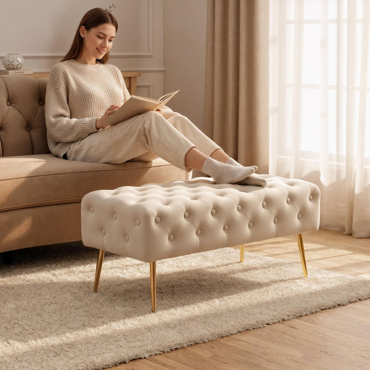 SITZHOCKER MONACO, Beige, T100xB41xH42 - Beige, Holz (41/42/100cm) - Milordbikes