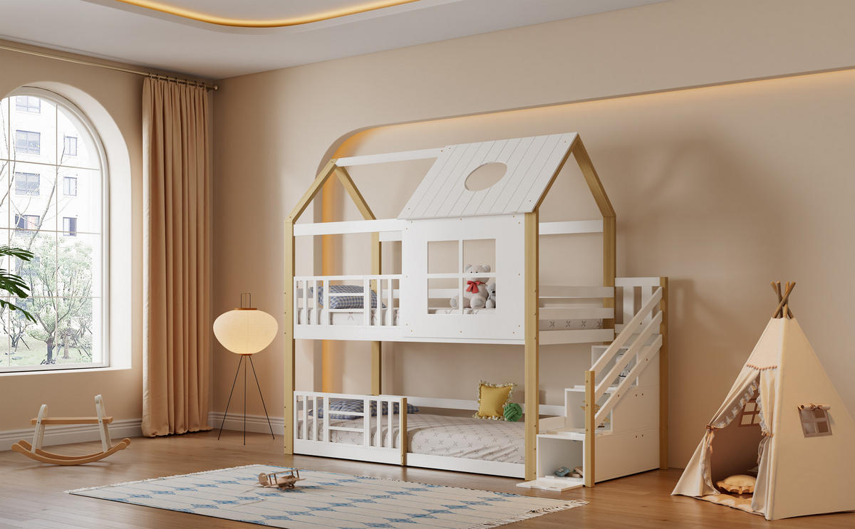 ETAGENBETT 90x200 cm Haus Treppe weiß - Weiß, Holz (90/200cm) - LEBENLANG