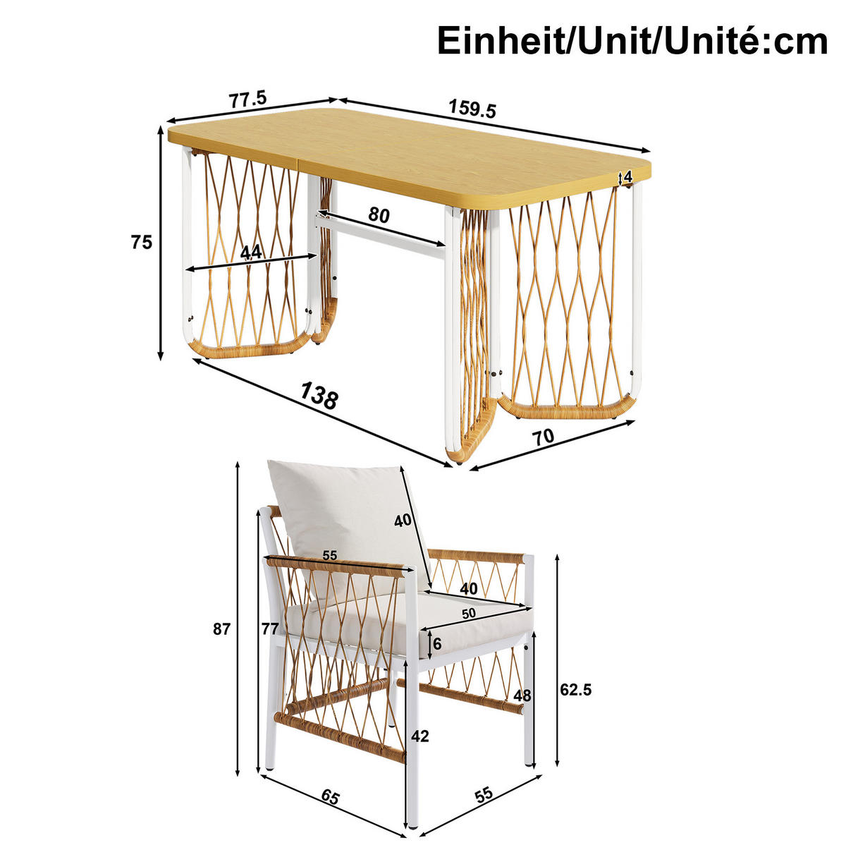 GARTENMÖBEL-SET mit Tisch 159,5 cm Eisen/Rattan 7-tlg. - Beige, Metall - Beauniv