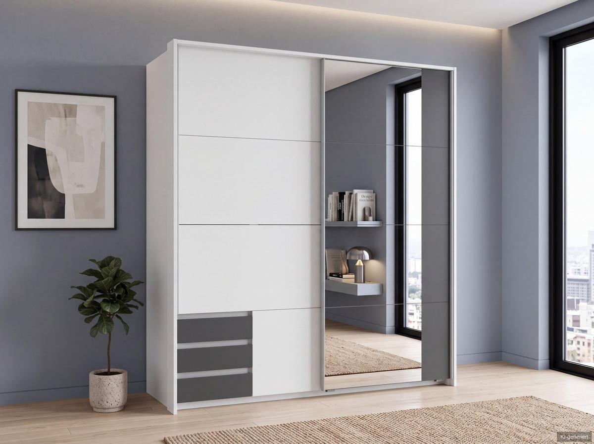 SCHWEBETÜRENSCHRANK 2-türig B183/H200/T65 cm, Passepartout-Kleiderschrank in Weiß, 1x Tür & sichtbare Schubkästen in Grafit mit Spiegel / 22710 - Alufarben/Graphitfarben, Holz/Holzwerkstoff (183/200/65cm) - luma-home