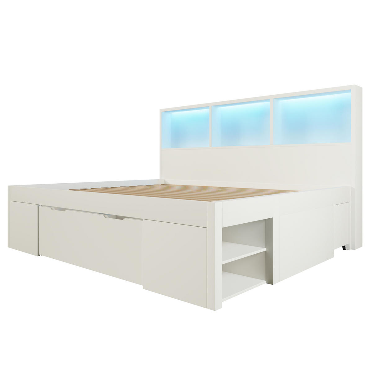 BETT 140/190 cm mit LED-Beleuchtung, USB-C, Stauraum und beweglichem Nachttisch, Weiß - Weiß, Holzwerkstoff (140/190cm) - Redom