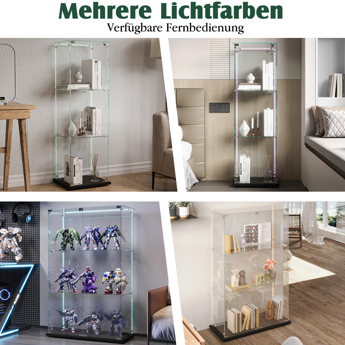 GLASVITRINE freistehend 2 Türen Schloss 3 Einlegeböden LED schwarz - Schwarz, Holz (78.5/123.3/35cm) - LEBENLANG