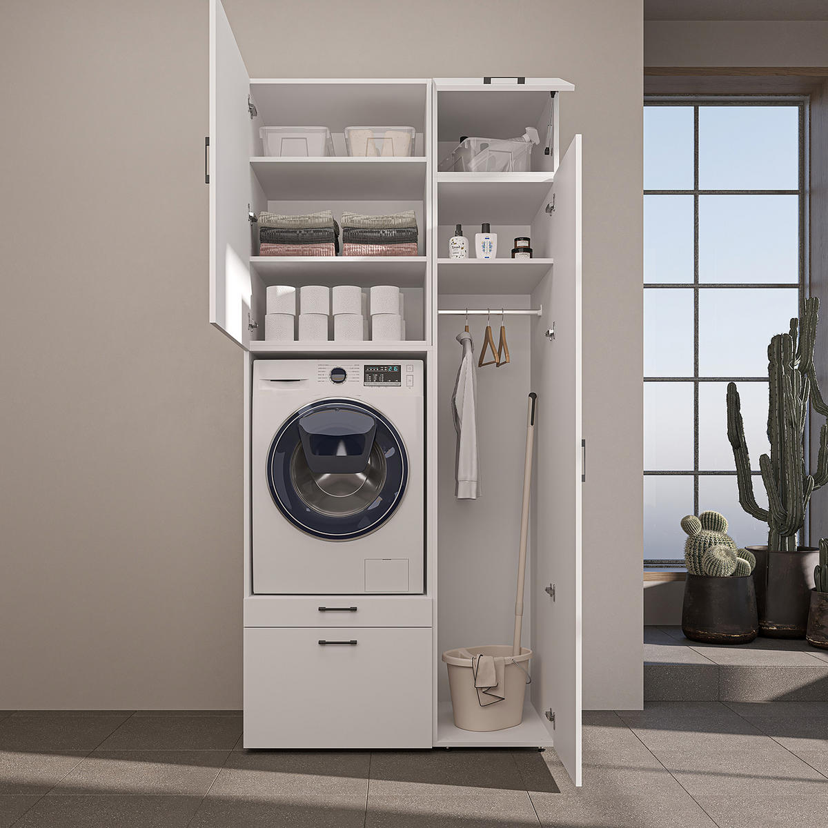 WASCHMASCHINENSCHRANK Serie 2 112cm Breit, 240cm Hoch - Weiß, Holzwerkstoff (112/240/67cm)