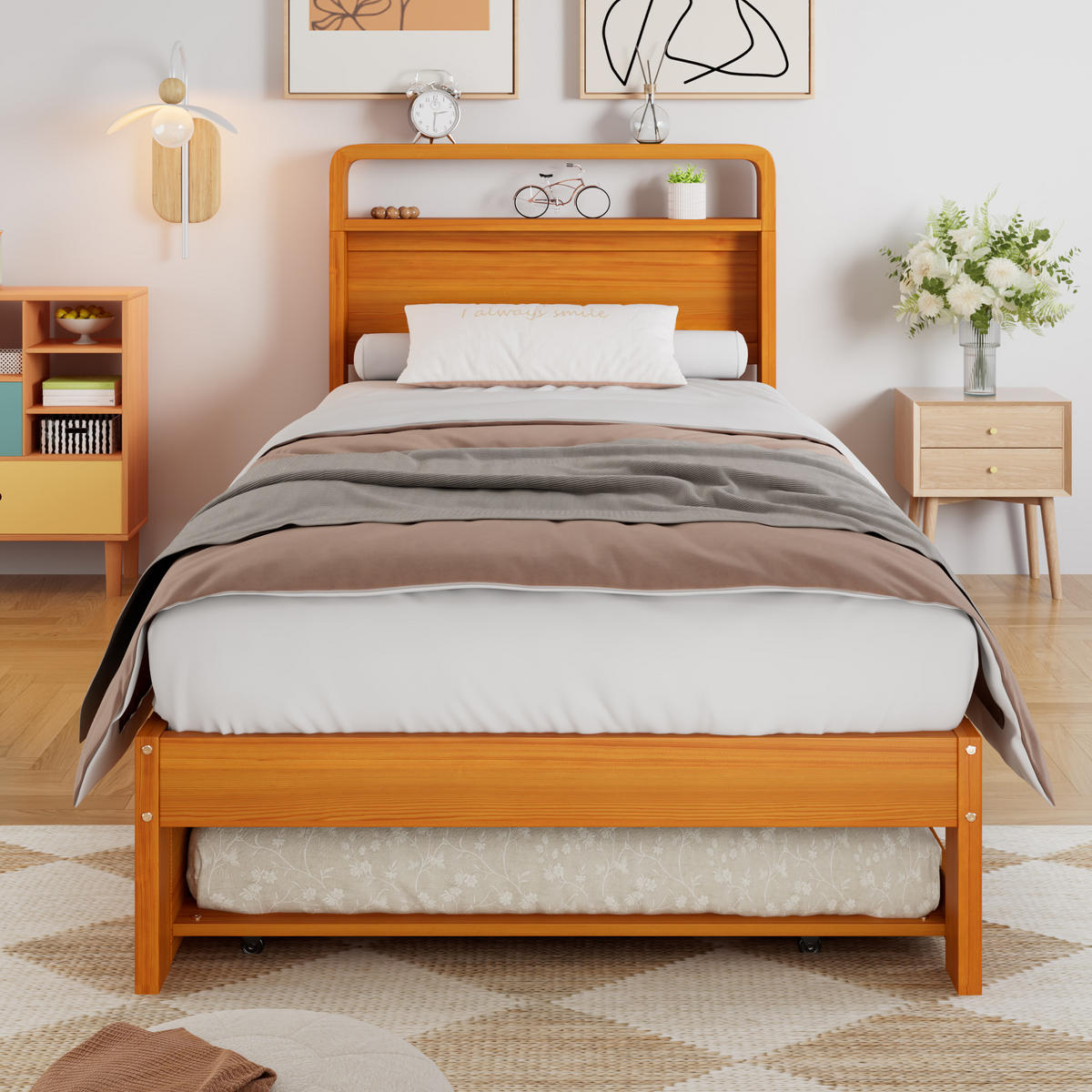 BETT 90/200 cm & 90/190 cm in Natur mit Ausziehbett und abgerundetem Kopfteil Holzdesign - Naturfarben, Holzwerkstoff (90/200cm) - STILVORA