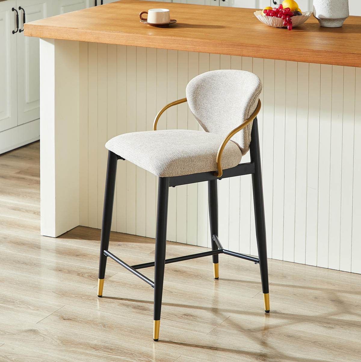 BARHOCKER 2er-Set mit Rückenlehne Chenille Hellbraun Schwarz-Gold - Hellbraun, Metall (52/87/57cm) - Meubliv