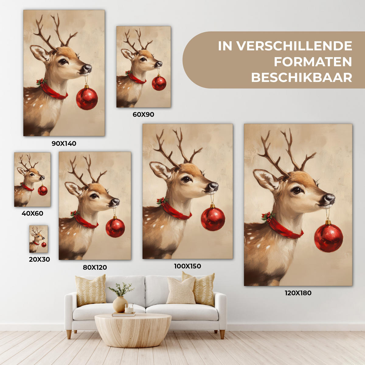 LEINWANDBILD Weihnachten - Hirsch - Geweih - Weihnachtskugel - Rentier Deko XXL 80x120 cm - Hellbraun, Textil (80/120cm) - MuchoWow