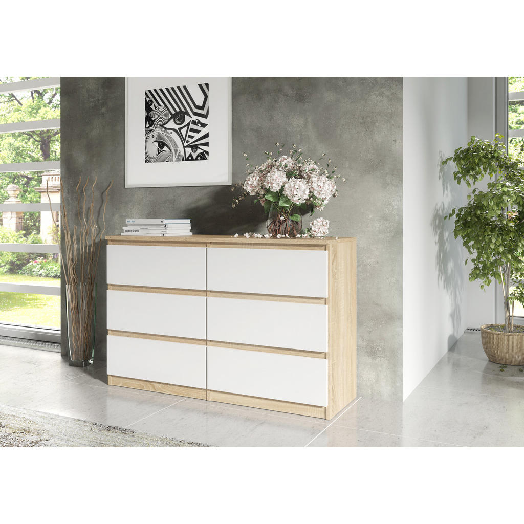 Thumbnail - Masseno Kommode, Sonoma Eiche, Weiß, Holzwerkstoff, 6 Schubladen, 138.5x78.5x39 cm, Wohnzimmer, Kommoden & Sideboards, K...