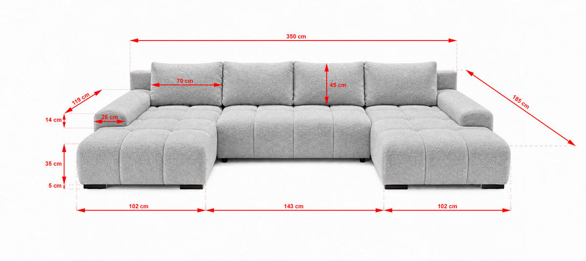 WOHNLANDSCHAFT OVIA U mit Bettkasten und Schlaffunktion, Bouclé-Stoff in U-Form - Hellgrau, Textil (350/80/185cm)