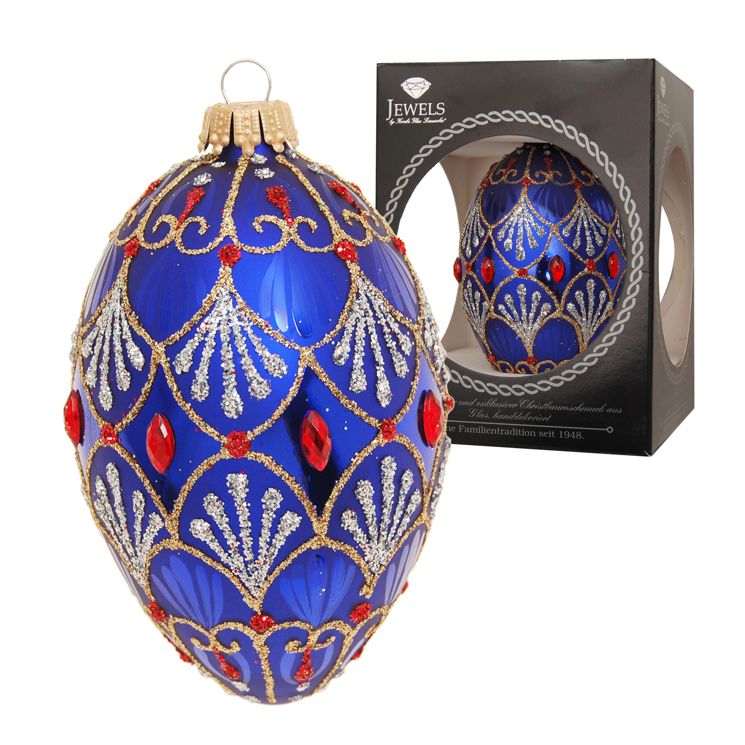 CHRISTBAUMSCHMUCK Ei im Strassdesign Blau 10cm (Glas / 1 Stk.) - Blau, Glas (6/10/6cm) - Krebs Glas Lauscha