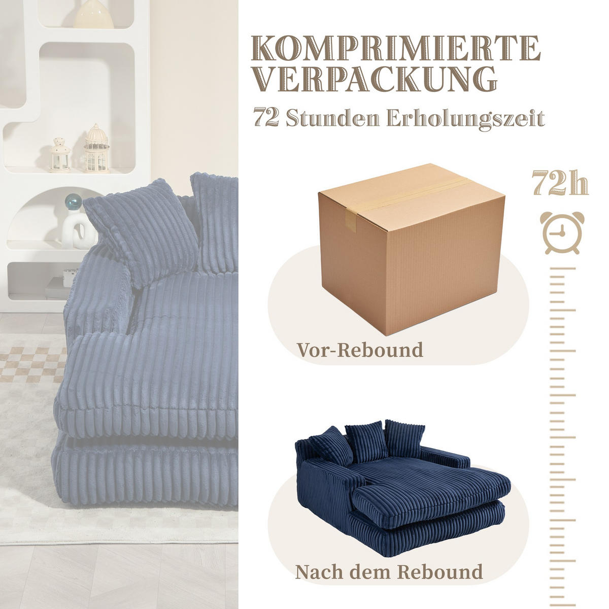 SCHLAFSOFA Relaxliege mit 3 Zierkissen,Lounge Sofa,Polstersofa,Cord,Blau - Blau, Textil (125/63/155cm) - LVHOM