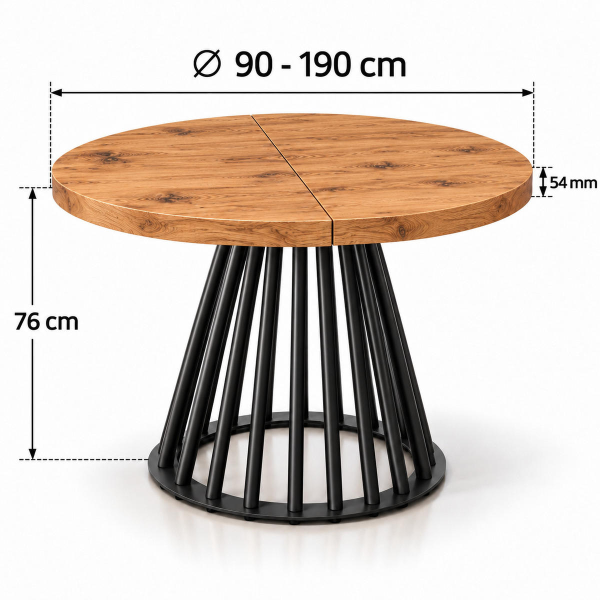 ESSTISCH rund ausziehbar 90/190/76 cm, Eiche Craft, 54 cm Tischplatte + Lamellen-Metallgestell Schwarz - Eichefarben/Schwarz, Holzwerkstoff/Metall (90/190/76cm) - Damale Möbel