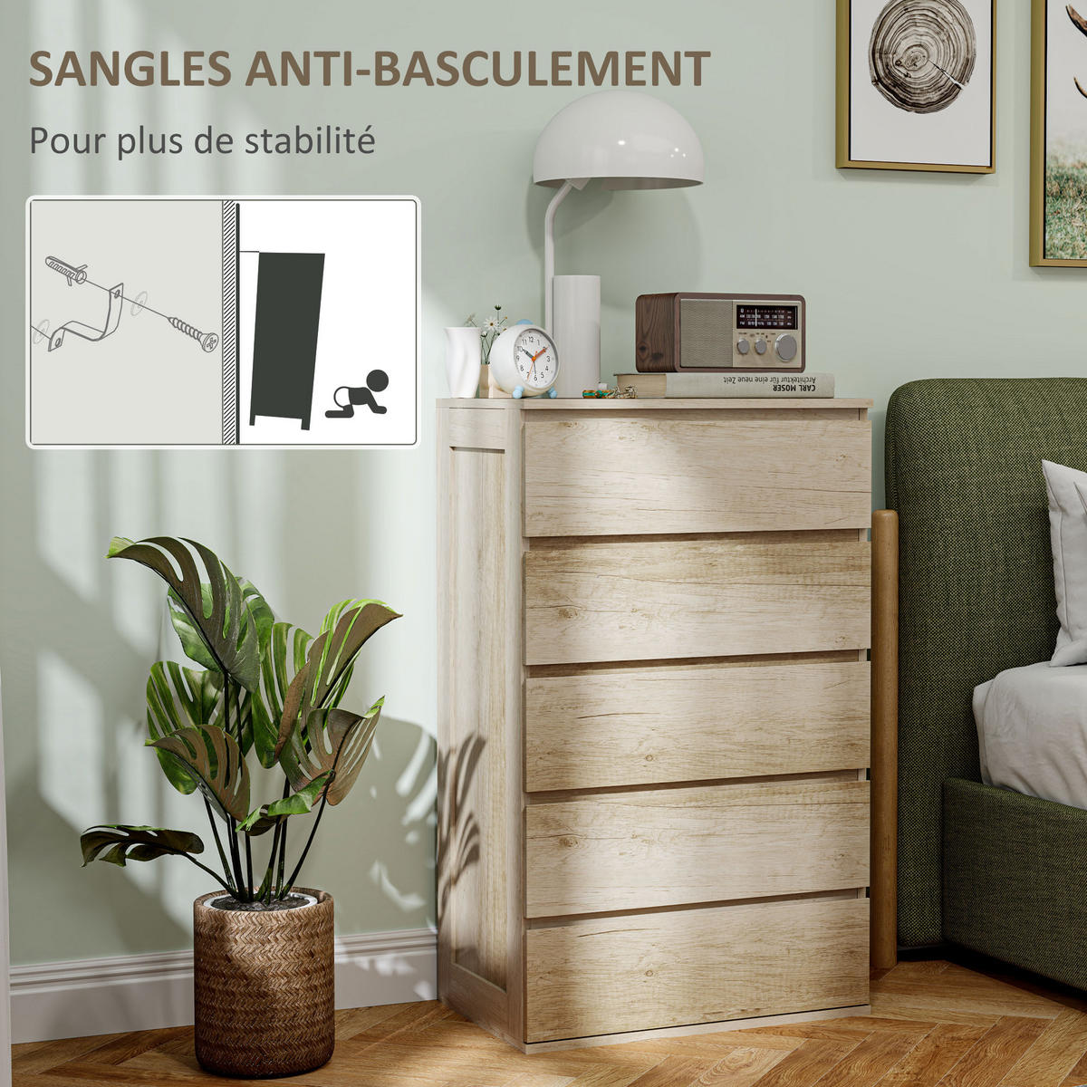 KOMOODE DE-12864 5 Schubladen, grifflos, minimalistisch Naturholz - Naturfarben, Holzwerkstoff (60/100/39cm) - ComfortXL