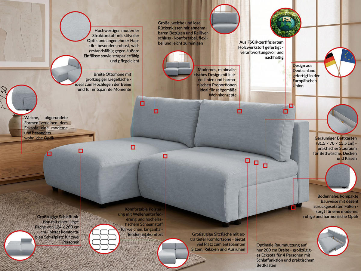 ECKSOFA Sora mit Schlaffunktion, Bettkasten und extra tiefer Komfortzone aus hochwertigem Grau Strukturstoff - Schwarz/Grau, Holz/Kunststoff (140/200cm) - S-Style