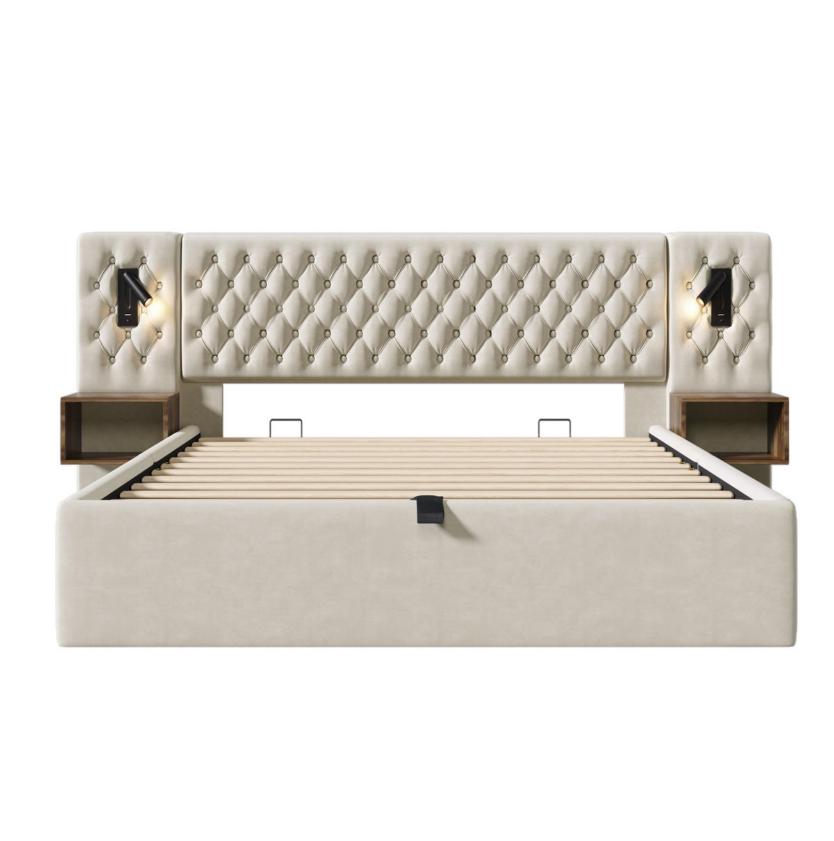POLSTERBETTANLAGE aus Samt 160x200 cm Beige mit hydraulischem Stauraum, Nachttischen und USB-Anschluss - Beige, Textil (160/200cm) - IVMEU