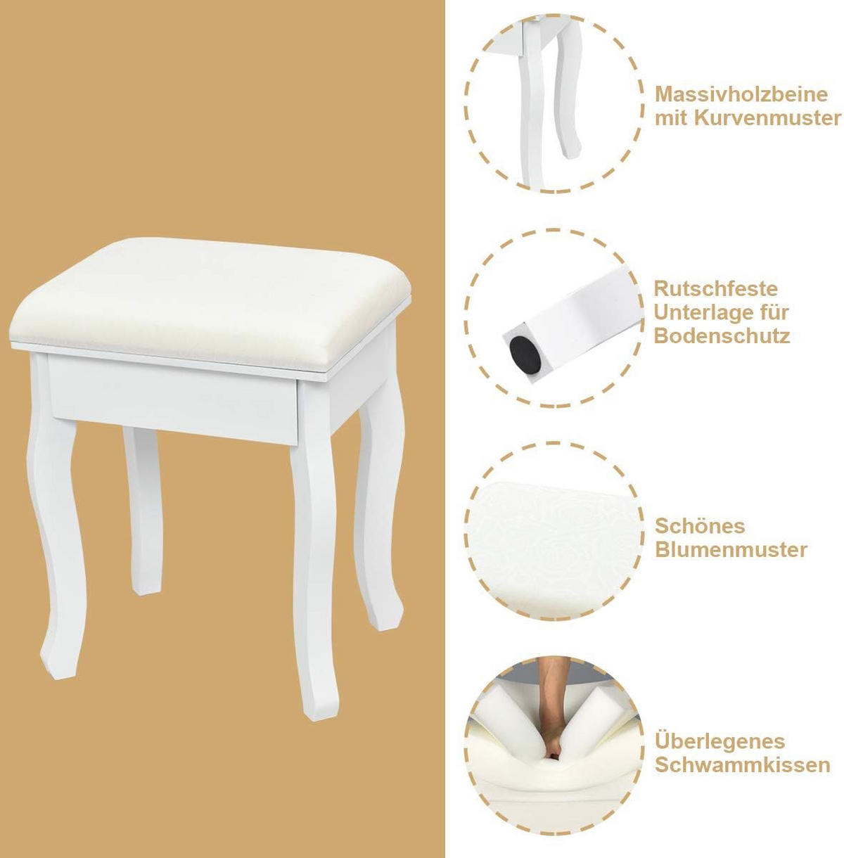 SCHMINKTISCH mit Hocker Weiß - Weiß, Holz (80/137/41cm) - COSTWAY