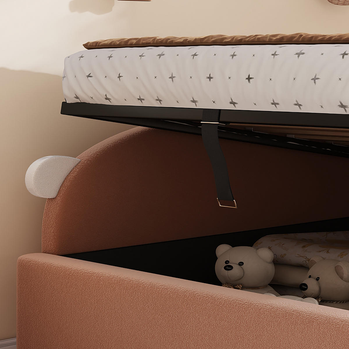 POLSTERBETT 90/200 cm Rosa+Weiß Niedliches Häschen-Kopfteil mit Stauraum aus Samt - Dunkelrosa, Textil (90/200cm) - OKWISH