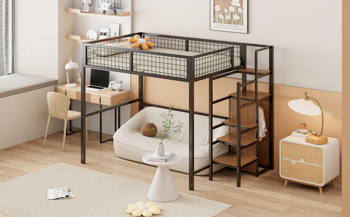 HOCHBETT 140/200 cm in Schwarz mit Leiter, Kleiderschrank und Regal - Schwarz, Holz/Metall (140/200cm) - STILVORA