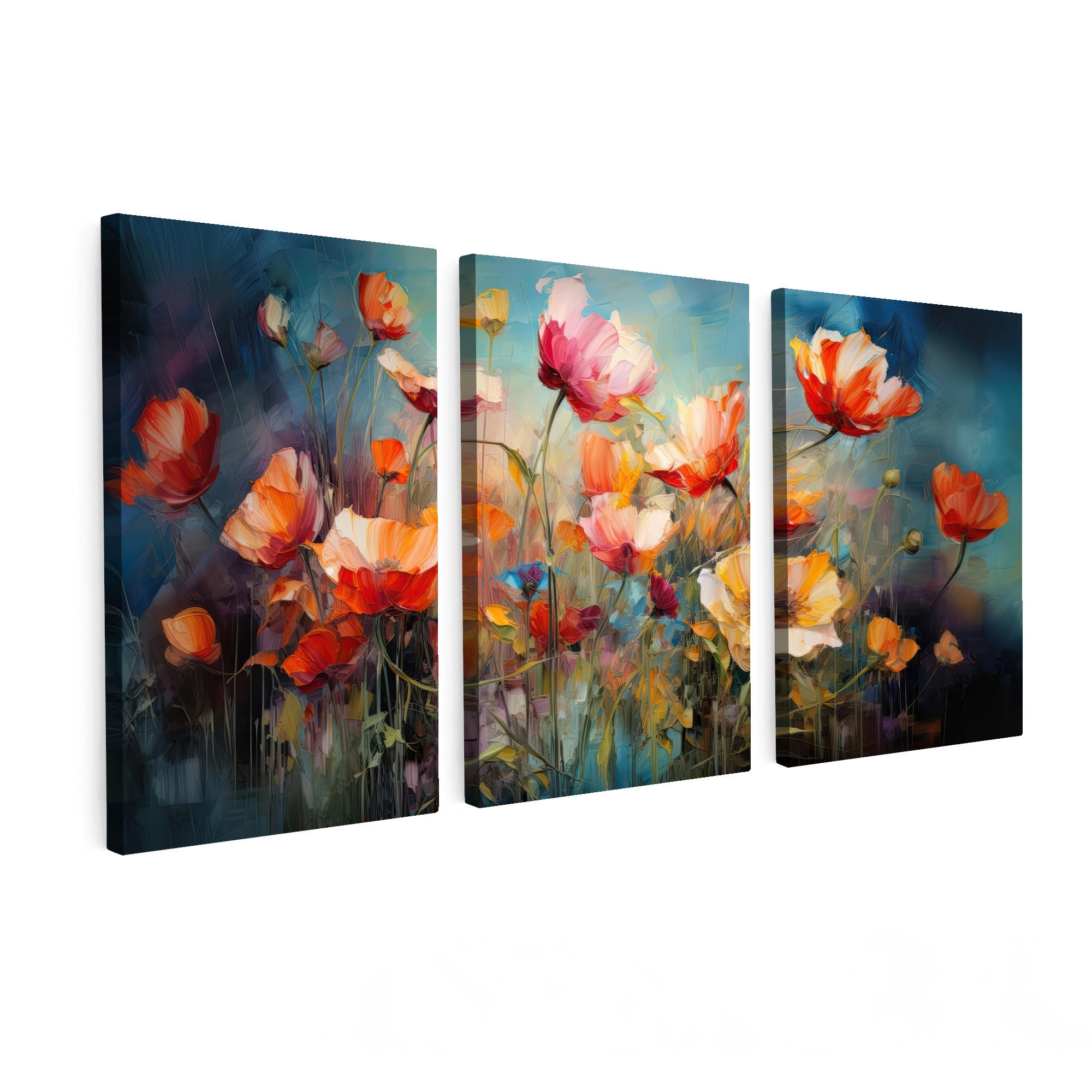 OBRAZ NA PLÁTNĚ 3dílná sada Květiny - barevné - abstraktní 120x60 cm - šedohnědá, textil (120/60cm) - MuchoWow