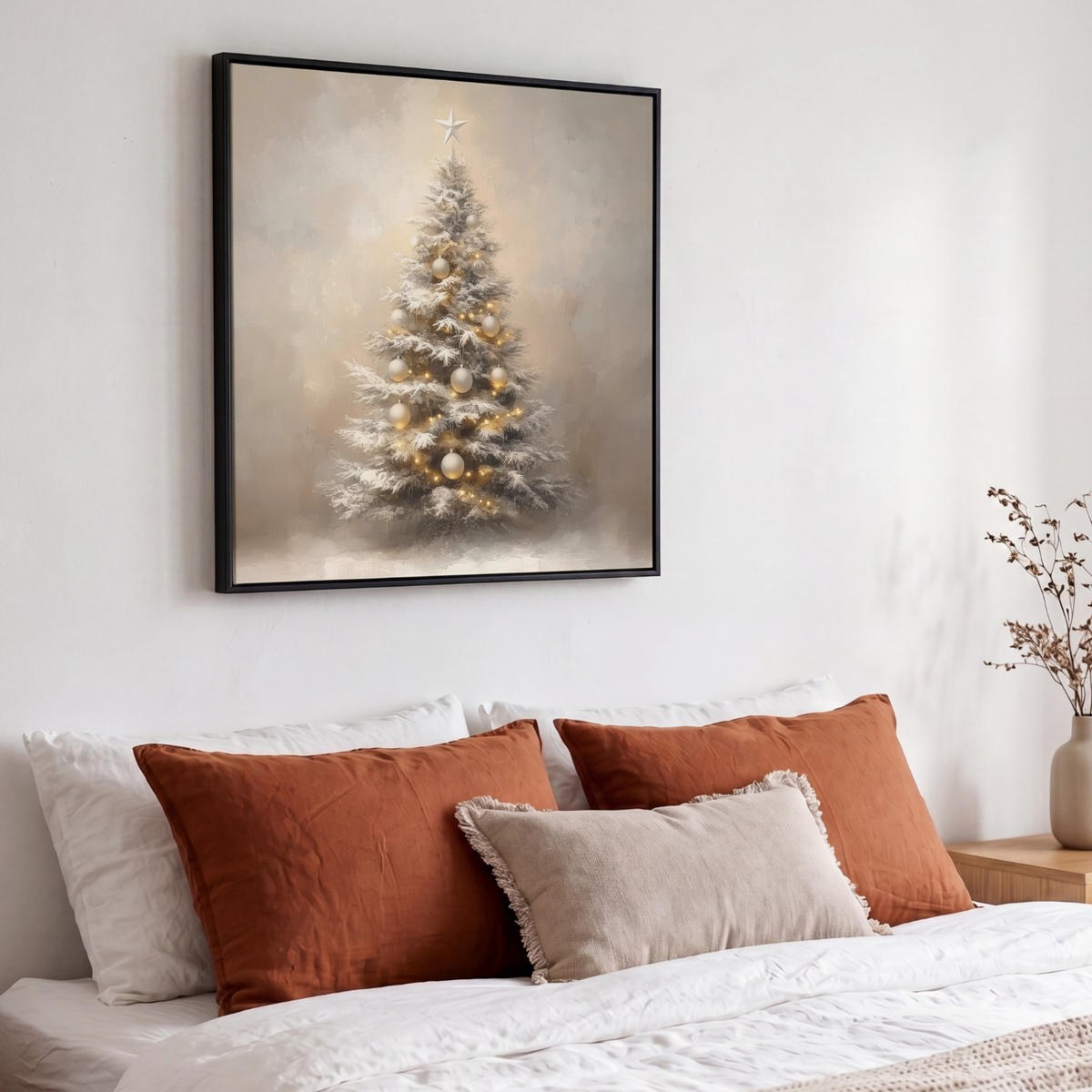 LEINWAND Bilder mit Rahmen - Weihnachten - Weihnachtsbaum - Schnee - Kunst - 50x50 - Champagner, Textil (50/50cm) - MuchoWow