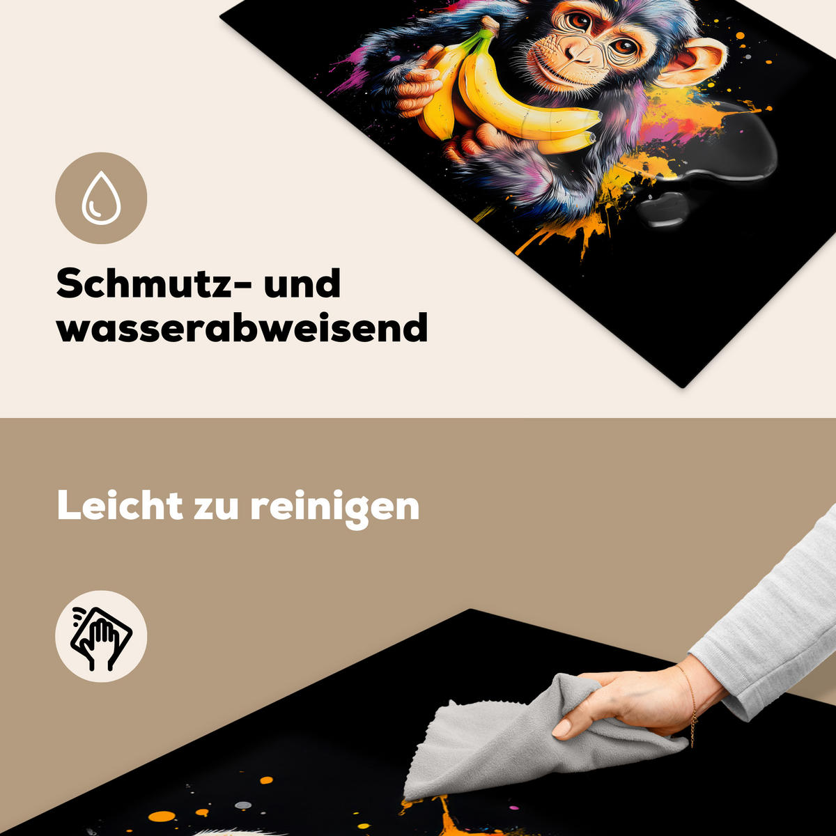 HERDABDECKPLATTE Affe - Graffiti - Farbenfroh - Bananen - Modern 90x52 cm - Gelb, Kunststoff (90/52/0.2cm) - MuchoWow