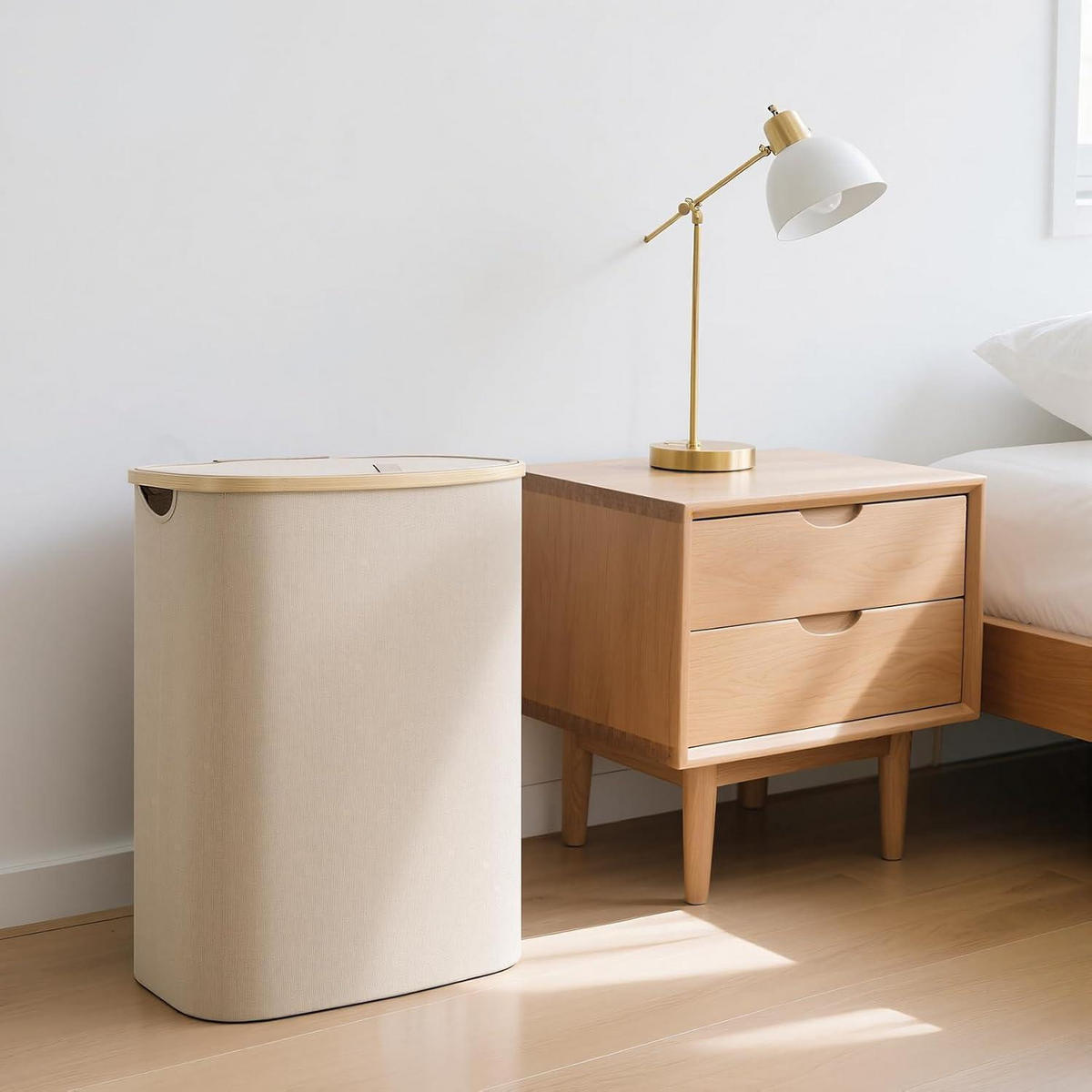 WÄSCHEKORB Bambus 80L mit Deckel und herausnehmbarem Beutel - Beige, Naturmaterialien (32/56/44cm)