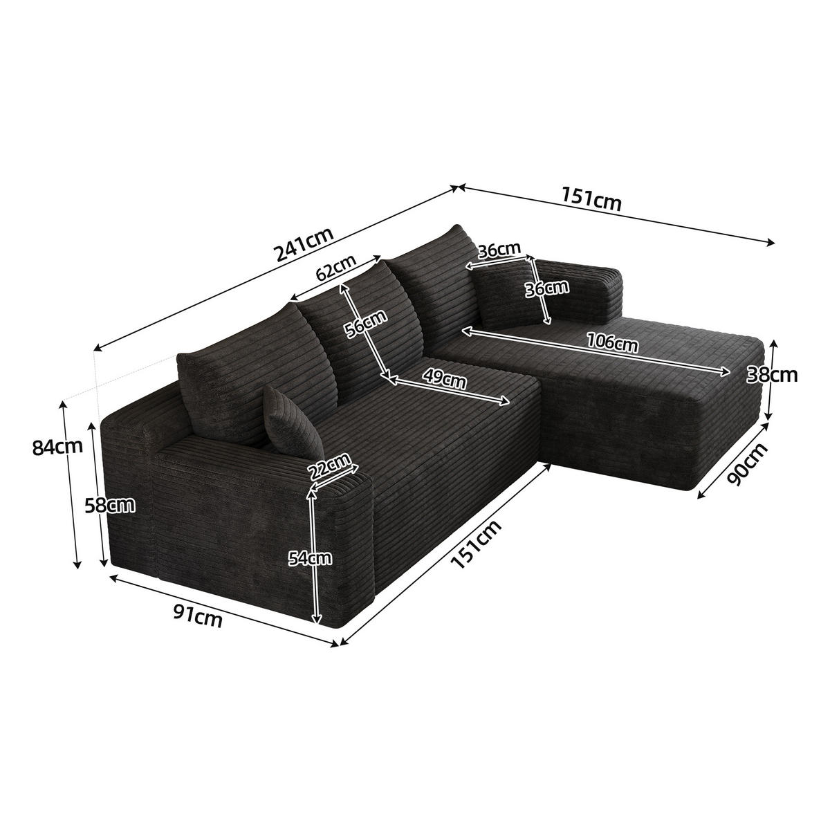 ECKSOFA DE-34833 2-Sitzer Chaiselongue rechts Schwarz - Schwarz, Textil (151/241cm) - ComfortXL