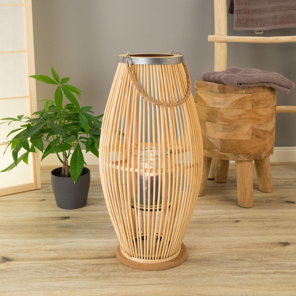 LATERNE Zya 50 Bambus, mit Henkel und Glaseinsatz naturfarben - Naturfarben, Holz (22/50/22cm) - CREEDWOOD