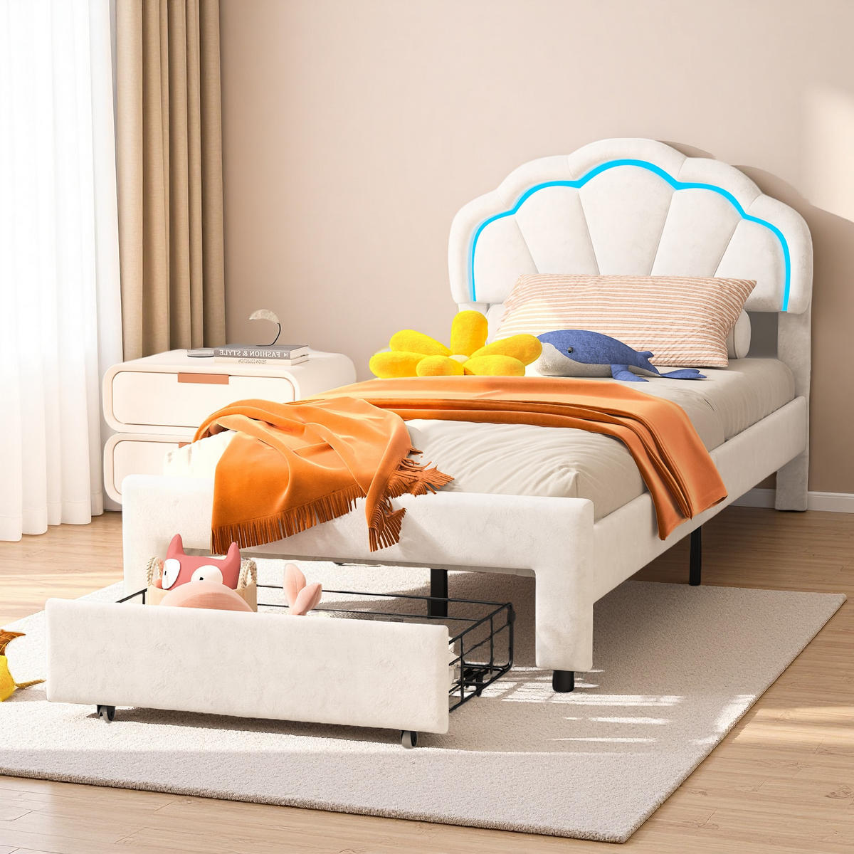 KINDERBETT 90x200 cm Weiß Samt LED Schublade - Weiß, Metall (90/200cm) - SHOPENTRA