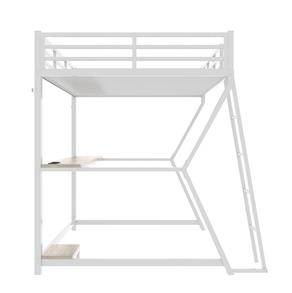 GORNJI krevet od metala i MDF-a 90x200 cm bijeli s LED rasvjetom, radnim stolom, USB priključkom i stepenicama - bijela, metal (70/180cm) - Modfu