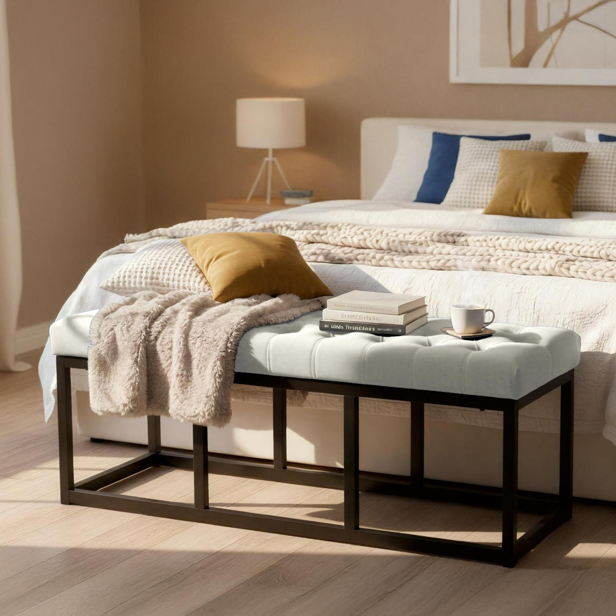 SITZBANK 120/37 cm Samt Creme - Creme/Schwarz, Textil/Metall (120/42/37cm) - CLP