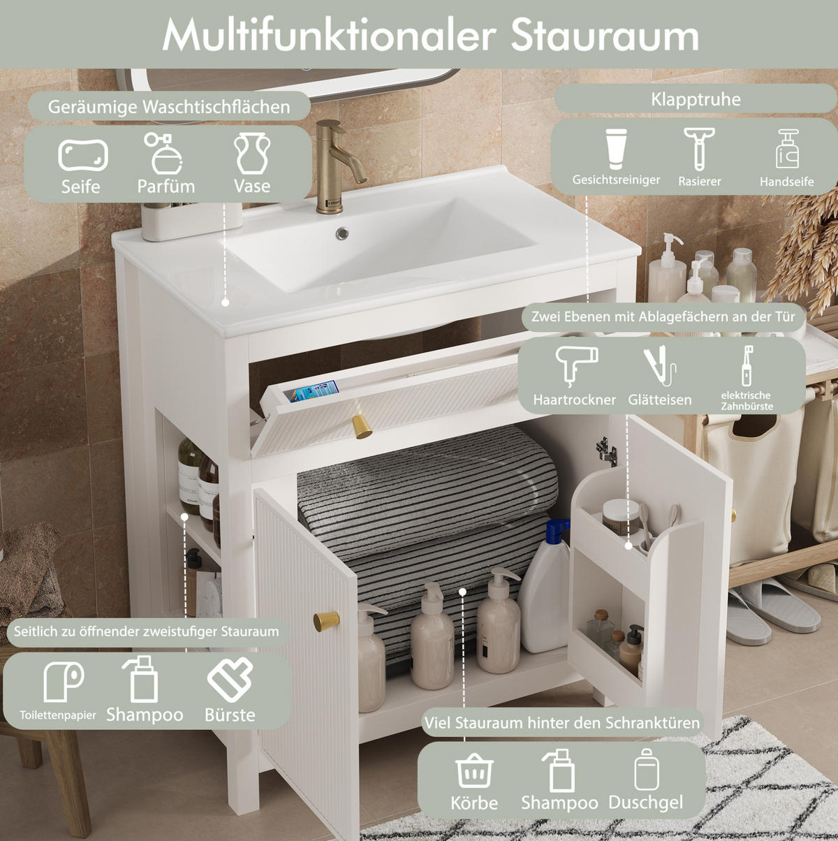 WEISSER Badezimmerunterschrank aus MDF 81x46,5x86,5 cm mit Keramikbecken, Soft-Close und modernem Stauraum - Weiß, Holzwerkstoff (81/86.5/46.5cm) - Modfu