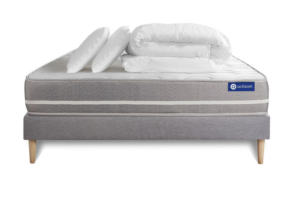 BETT Actiflex touch Taschenfederkern 140 x 200 cm h1 - Kit Bettgestell Grau - Mit Kissen und Bettdecke - Beige/Grau, Holz/Textil (140/200cm) - ACTISOM