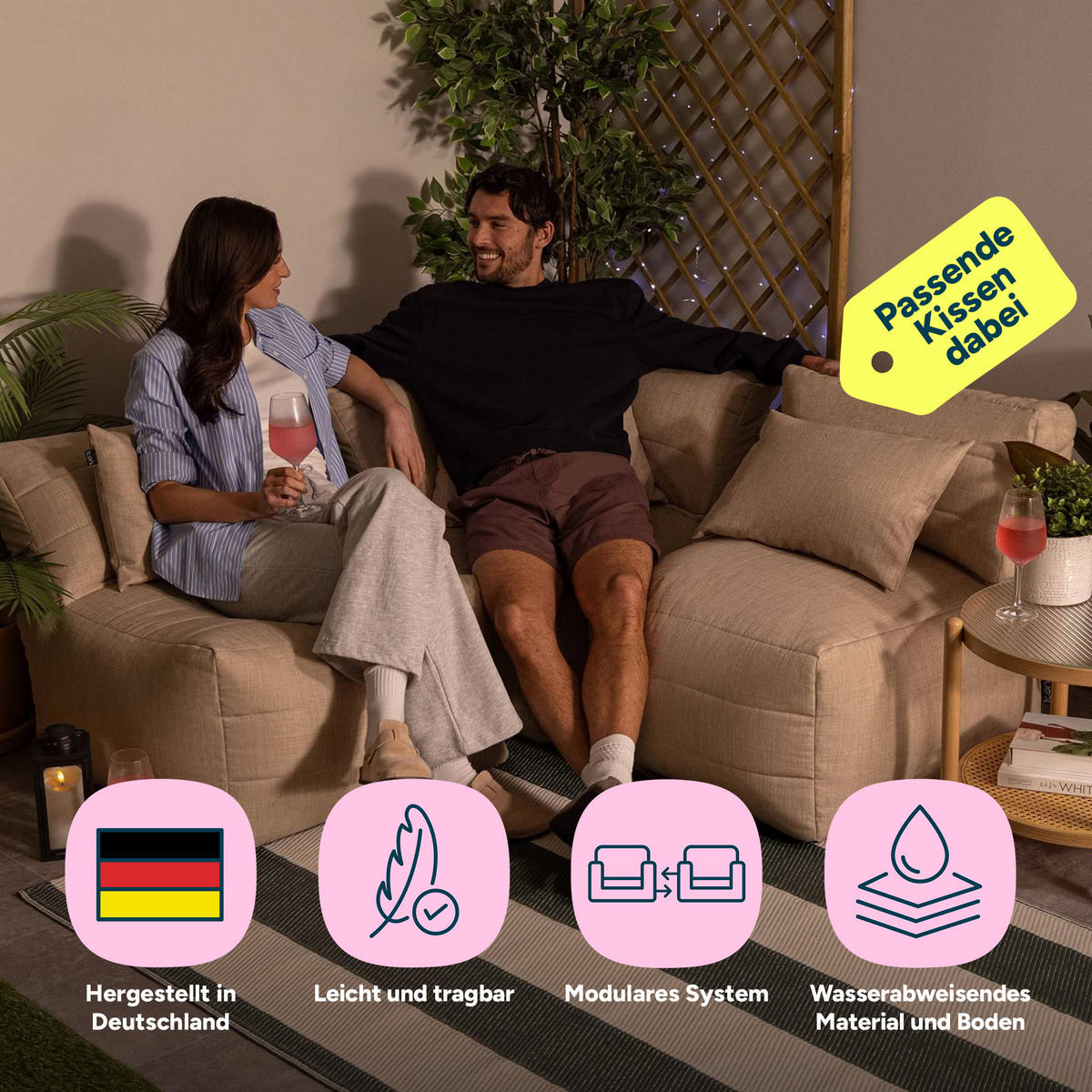 SITZSACK-SOFA 3-tlg. modular outdoor Noa - Beige, Textil (228/70/78cm) - icon