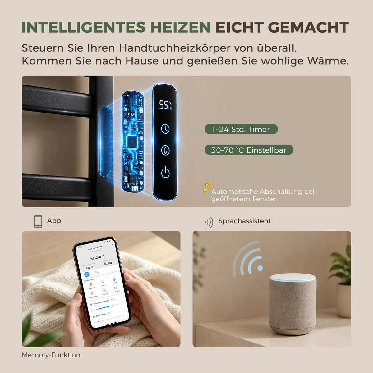 HANDTUCHHEIZKÖRPER 45/60 cm Schwarz elektrisch 155 W mit WLAN, Ablage und 6 Haken - Schwarz, Metall (60/45/20cm) - S'AFIELINA
