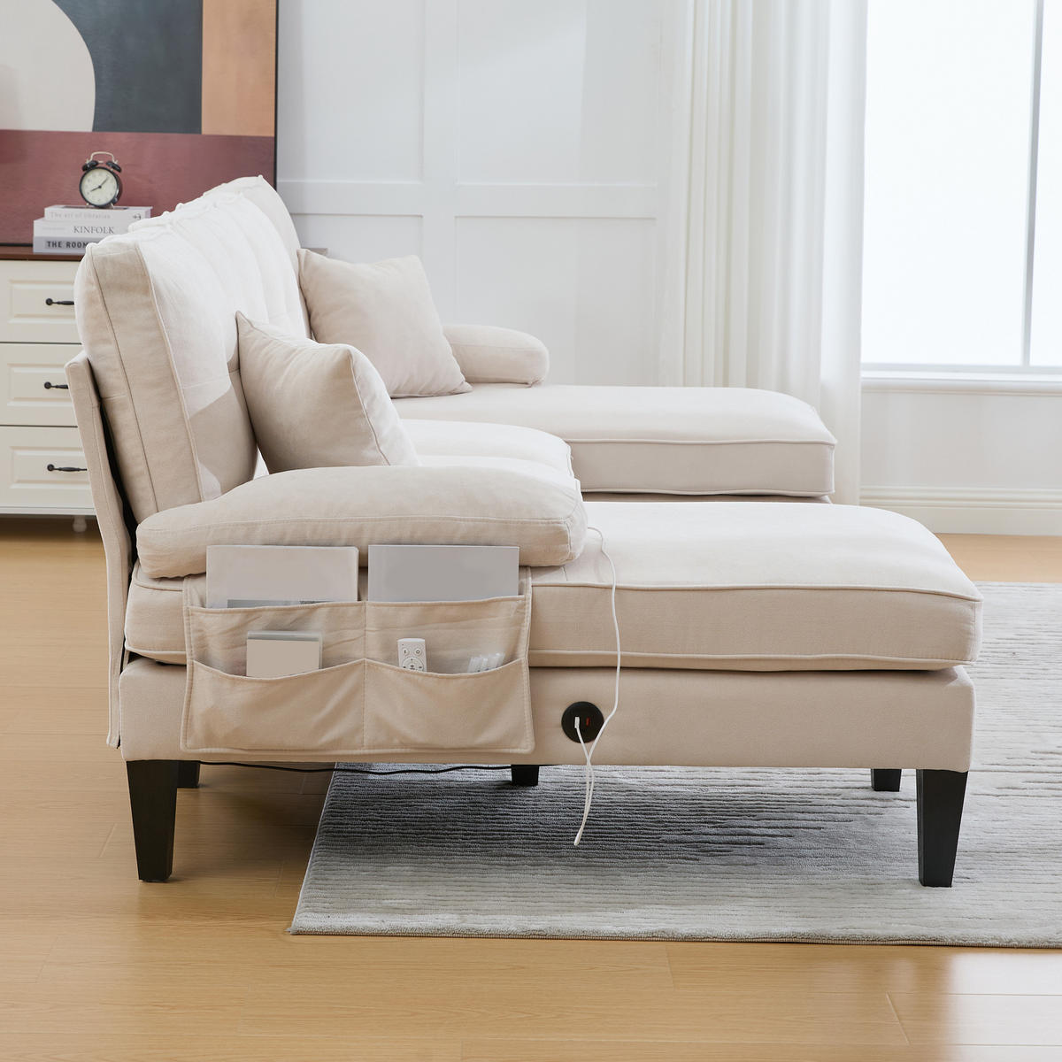 WOHNLANDSCHAFT 250/130/88 cm Beige Leinen mit Aufbewahrungsfach und USB/Type-C-Ladeanschluss - Beige, Textil (250/88/130cm) - Oxeza