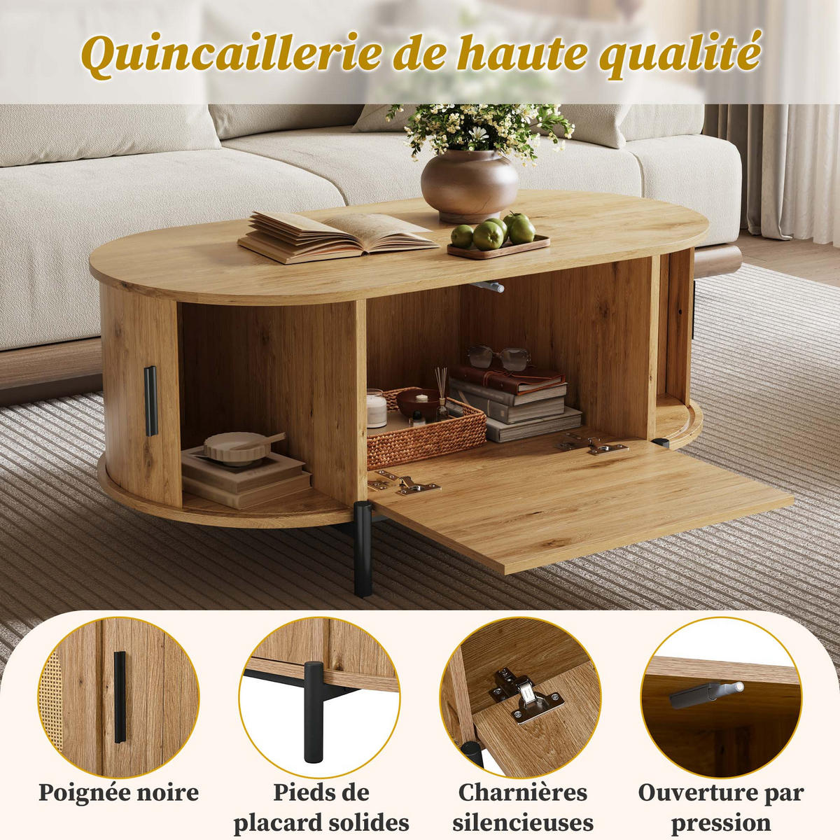 COUCHTISCH Natur 100/50/40 cm oval mit Rattandetails - Naturfarben, Holzwerkstoff (50/100/40cm) - PANGIVO