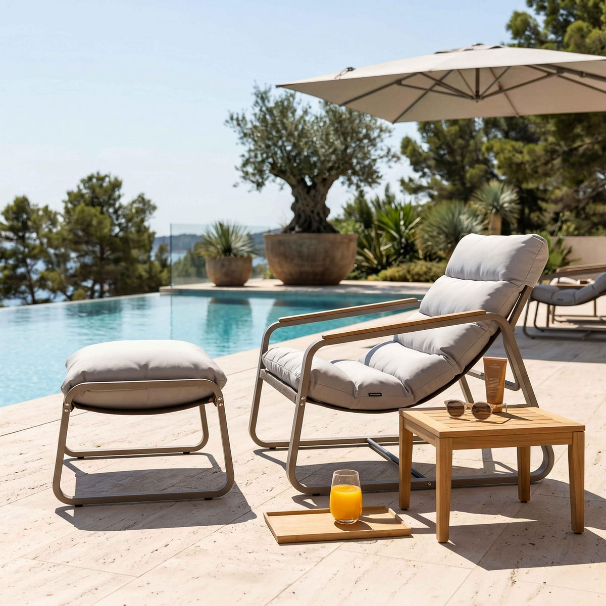 GARTEN-RELAXSESSEL mit Fußstütze, Taupe - Taupe, Textil (72/77/91cm) - Oviala