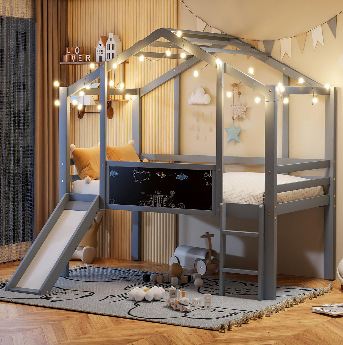 KINDERHOCHBETT Hausstil 90/200 cm, Grau mit Rutsche und Tafel - Grau, Holz (90/200cm) - MIVRAY