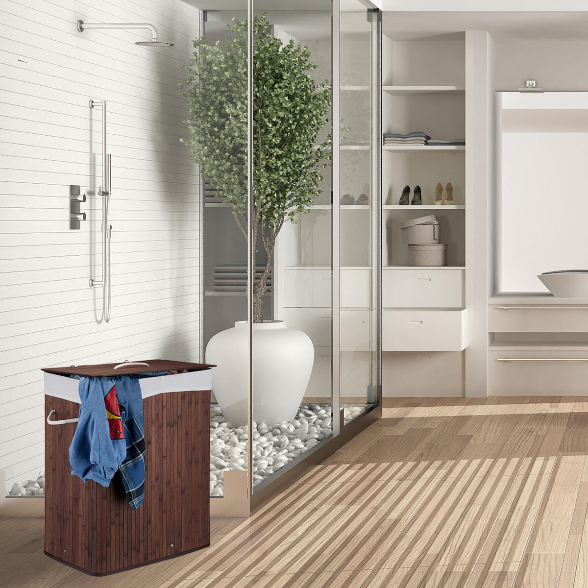 WÄSCHEKORB - Hellbraun, Holz/Textil (55/63/35cm) - Relaxdays